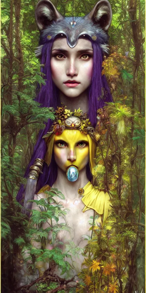 Image similar to hyper realistic Princess Mononoke in her mask, lush rainy forest landscape, wolves, magic, castle, jewels, style of tom bagshaw, mucha, james gurney, norman rockwell, gems and gold, waterfalls, denoised, sharp, yellow purple colours,