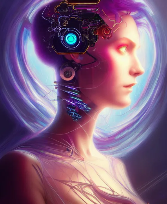 Image similar to a whirlwind of souls rushing inside the metaverse, hologram, half body, neurochip, shaved temple, piercing, jewelry, android, cyborg, cyberpunk face, by loish, d & d, fantasy, intricate, elegant, highly detailed, colorful, digital painting, artstation, concept art, art by artgerm and greg rutkowski and alphonse mucha