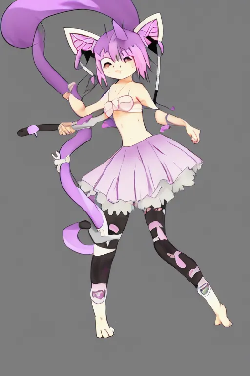 Image similar to muscular catgirl, nekomimi, athletic female form with cat ears and tail, graceful, flexible, wearing modest dress with pastel skirt