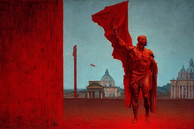 Image similar to only with red, caesar after win war, the deal, a red tiger, in hoc signo vinces, rome in background, an ancient path, in the style of beksinski, part by hopper, part by rodcenko, part by hofbauer, intricate composition, red by caravaggio, insanely quality, highly detailed, masterpiece, red light, artstation