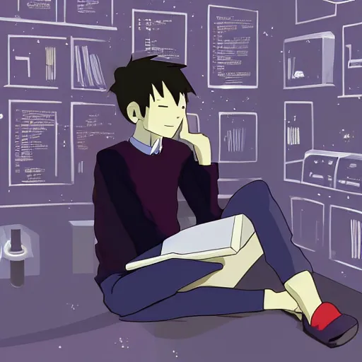 Prompt: a skinny computer nerd guy sitting on the floor of his room, crossed legs, laptop, smartphone, video games, tv, books, potions, jars, shelves, knick knacks, tranquil, star charts, calm, sparkles in the air, magic aesthetic, fantasy aesthetic, faded effect, by Studio Ghibli