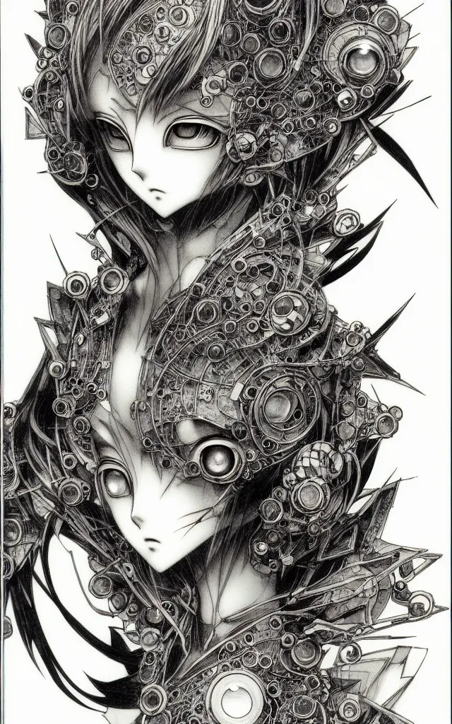 Prompt: prompt: Fragile looking face drawn by Yoshitaka Amano, mystic eyes, ceramic looking face, cyber parts inspired by Evangeleon, clean ink detailed line drawing, intricate detail drawing, manga 1990, portrait