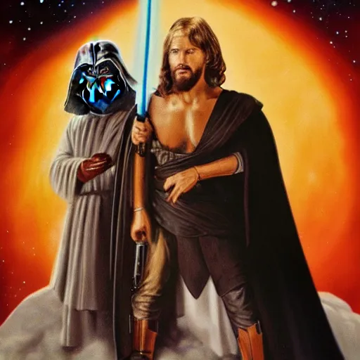 Image similar to super detailed star wars movie poster with Jesus Christ and kim kardashian, 8k full HD photo, cinematic lighting, anatomically correct, oscar award winning, action filled, correct eye placement,