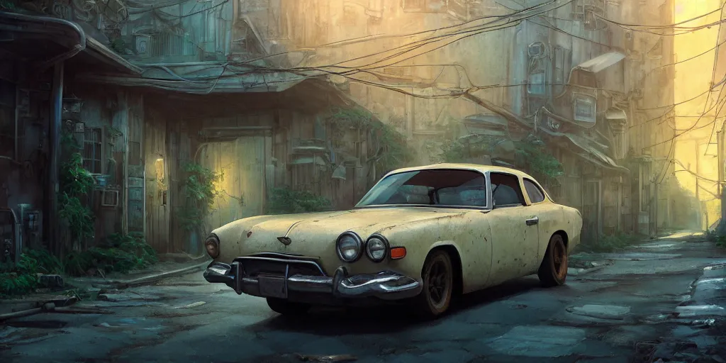 Image similar to a wholesome animation key shot of a focused old car parked in an abandoned alleyway, medium shot, waist up, studio Ghibli, Pixar and Disney animation, sharp, very detailed, high resolution, Rendered in Unreal Engine 5, anime key art by Greg Rutkowski, Bloom, dramatic lighting