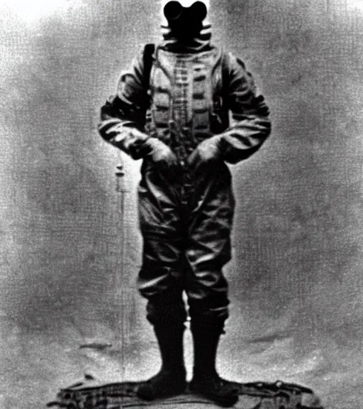 Image similar to full body shot of a man in a anti-radiation hazmat suit and gasmask, ww1 film photo, grainy, high detail, high resolution