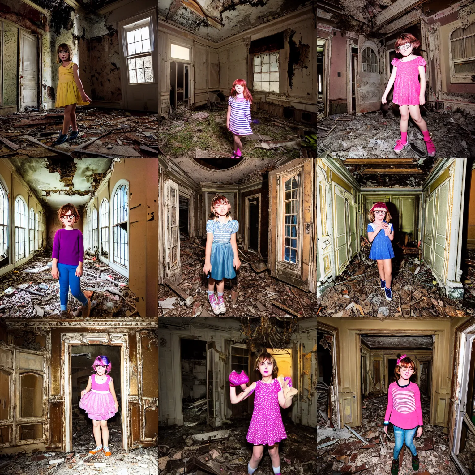 Prompt: professional photograph of junie b jones exploring an abandoned mansion at night, award winning, ominous