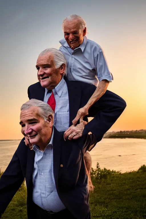 Image similar to elderly man carrying ted cruz piggyback, 8 k, award winning photograph, portrait, detailed faces, sunset in background, highly - detailed