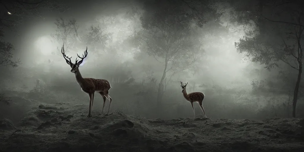 Image similar to a dark and enchanting moonscape with transparent deer