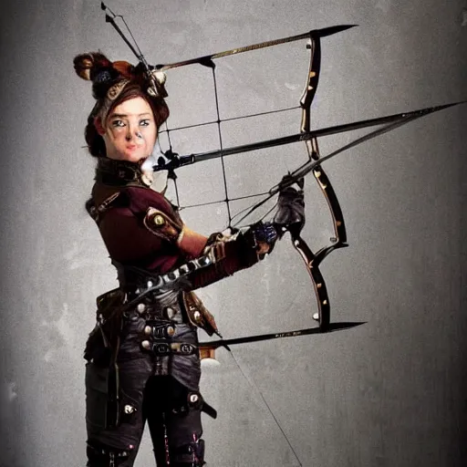 Prompt: steampunk female archer hyperrealistic