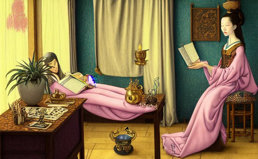 Prompt: a pastel drawing of a woman wizard, ornate clothing, lounging on a purpur pillow on the marbled checkered floor in her study room reading an ancient tome. to the side is a potted plant, moody candlelit raytracing. ancient scifi fantasy setting. detailed face, sharp focus. by chie yoshii and vermeer