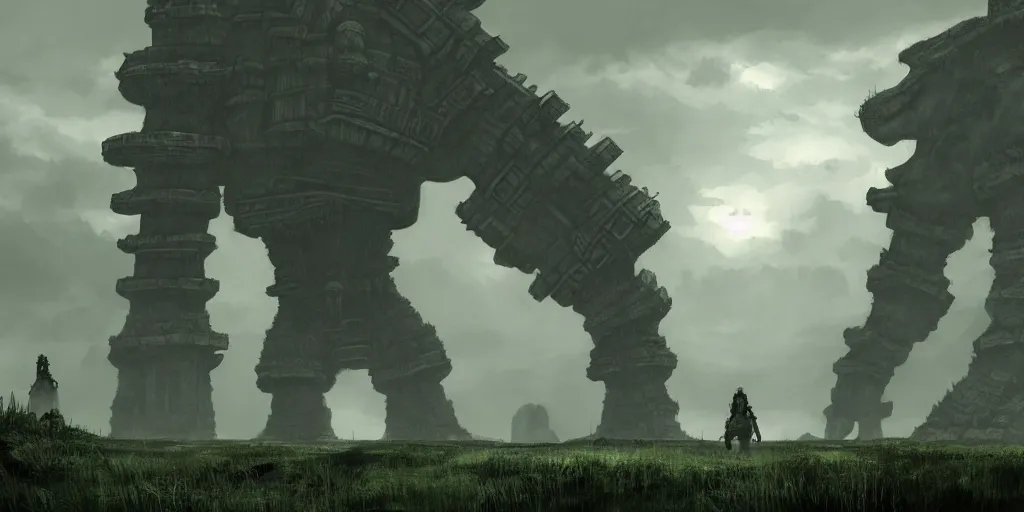 Prompt: an environmental concept art of shadow of the colossus, highly detailed, environmental light, cinematic by francis tneh