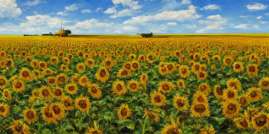 Image similar to an eastern front battlefield landscape, summertime, shell craters, single smoking destroyed tank, sunflower field, digital oil painting