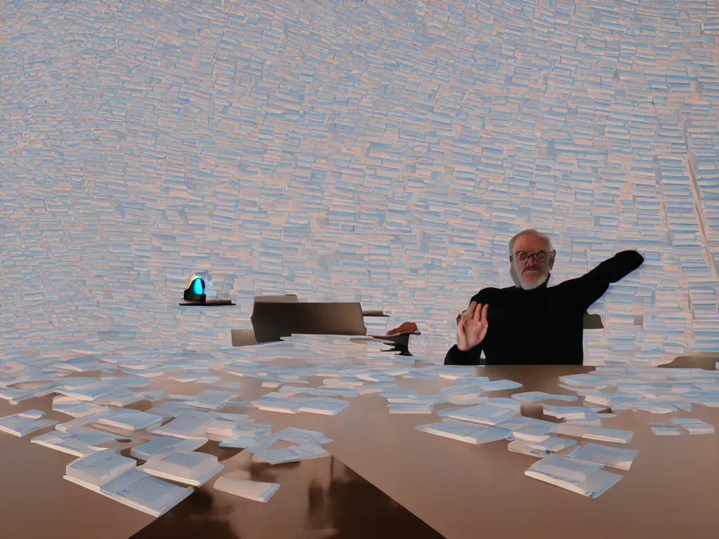 Image similar to by james turrell : pov candid photo of my hands reading floating pdfs at my floating futuristic ios hologram desk, stacks and rows of active organized knolled calendar cubbies during sunrise in a cozy open - air design studio by greg rutkowski and alphonse mucha, brilliant daylight vr os ux, leica 8 k still