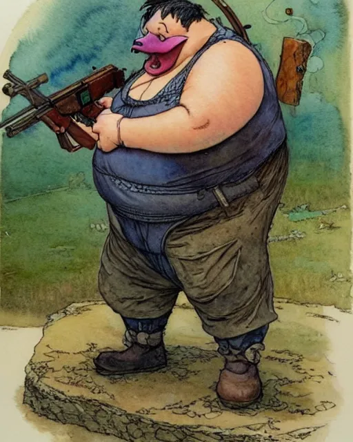 Image similar to a realistic and atmospheric watercolour fantasy character concept art portrait of a fat adorable dirty chibi duck wearing a wife beater and aiming a rifle, by rebecca guay, michael kaluta, charles vess and jean moebius giraud