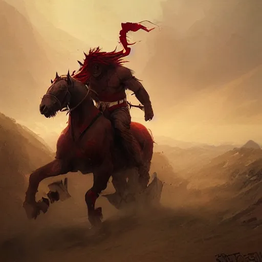 Prompt: Red ogre riding a horse, funny, portrait, Greg rutkowski