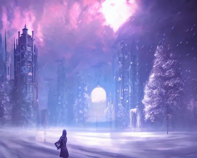 Image similar to scenery artwork, scene beautiful, light!! light essential futuristic winter world snow and night, surrealism oil on canvas, artstation!! pixiv!! dream scenery, quality astral projection render, nier automata concept art, vaporwave textures