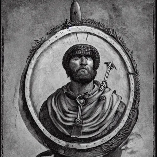 Prompt: a roman legionnaire soldier in the 1 8 0 0 s. large square shield. bayonetted musket. trending on art station. 8 k. beautifully detailed. full body portrait. hyper realistic. gritty lighting.