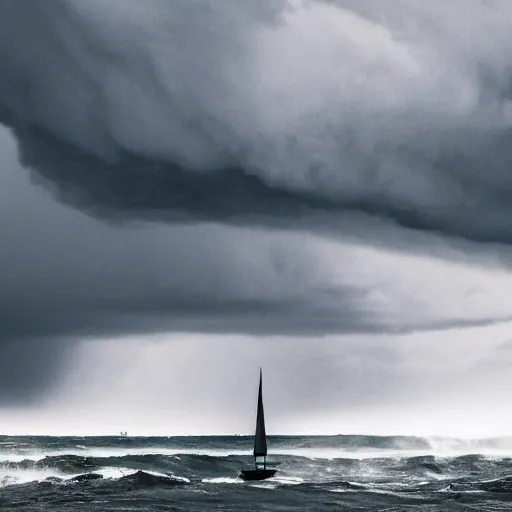 Prompt: A tiny sailboat moving towards a huge scary storm, large waves, lighting strikes, dramatic lighting, postprocessing, professional photography, DSLR, HDR, 4K