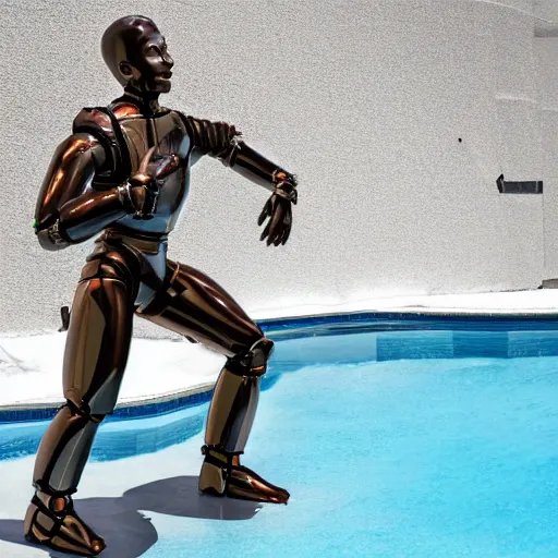 Image similar to a realistic detailed photo of a guy who is an attractive humanoid who is half robot and half humanoid, who is a male android, wrestler nick suriano, shiny skin, posing like a statue, blank stare, by the pool, on display, showing off his muscles, humanoid robot, frozen ice statue