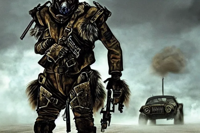 Image similar to a good ol'hound dog fursona ( from the furry fandom ), heavily armed and armored facing down armageddon in a dark and gritty version from the makers of mad max : fury road. witness me.