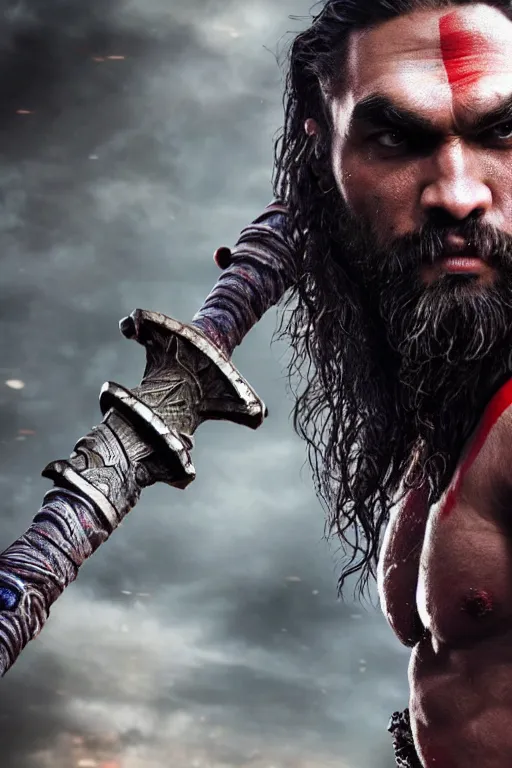 Image similar to film still from god of war, a highly detailed beautiful closeup photo of jason momoa kratos with long windblown wet hair holding a sword and fighting zombies on a pile of human skulls, spartan warrior, olympian god, muscular!,, action pose, ambient lighting, volumetric lighting, octane, fantasy