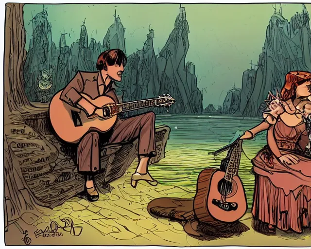 Prompt: the lady of the lake giving frank dillane a guitar, fantasy, by brian kesinger, detailed