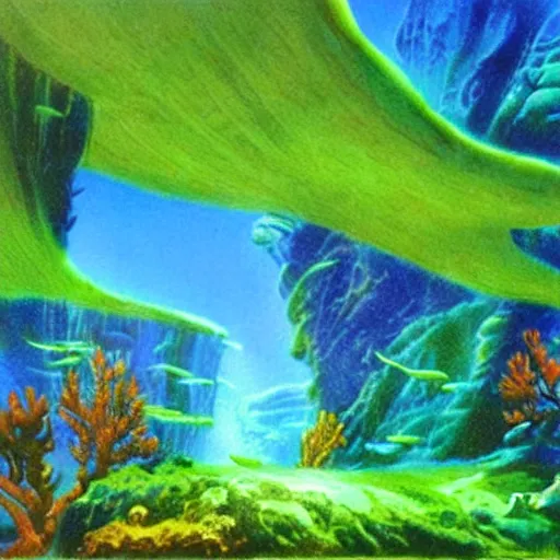 Prompt: underwater verdant coral wonderland, matte painting from Fantasia (1940)