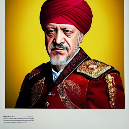 Prompt: Photo of Recep Tayyib Erdoğan as Sultan Süleyman, red Oval Turban, close-up, very detailed facial features, by Martin Schoeller