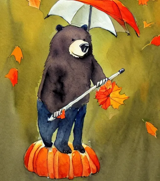 Image similar to autumn a bear with an umbrella cartoon watercolor trending on artstation