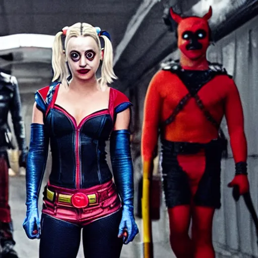 Image similar to A still of Kaley Cuoco as Harley Quinn