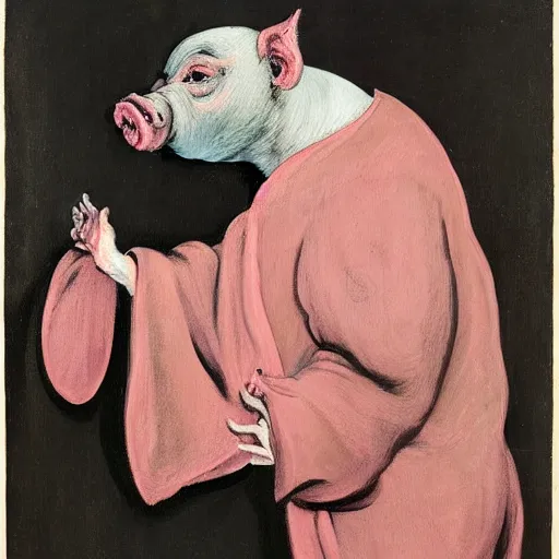 Prompt: a screaming pig wearing a robe painted by francis bacon