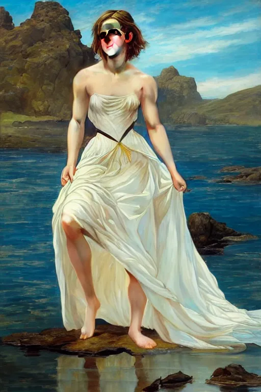 Prompt: a beautiful emma watson wearing a dress emerging from the water, oil on canvas, sensuality, artstation, by j. c. leyendecker and edmund blair leighton and charlie bowater, instagram photo
