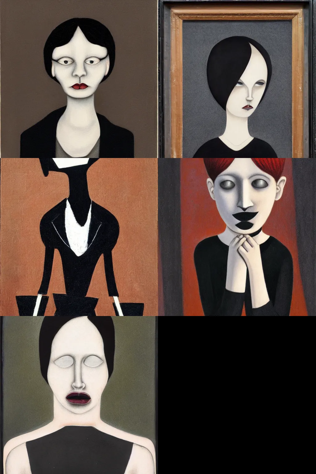 Prompt: goth by gertrude abercrombie. high - quality character portrait. short dark brown messy pixie haircut, large black eyes, slightly rounded face, pointed chin, small nose, black tank top, black leather jacket, black knee - length skirt, black choker.