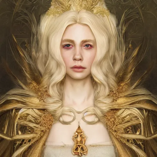 Image similar to portrait painting of a beautiful and regal blonde lady wearing a feathered cloak and noble garments, ultra realistic, concept art, intricate details, eerie, highly detailed, photorealistic, octane render, 8 k, unreal engine. art by artgerm and greg rutkowski and charlie bowater and magali villeneuve and alphonse mucha