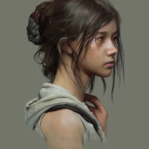 Image similar to Girl from TLOU with a pronounced Caucasoid-Slavic features, thin lips, pronounced cheekbones, light brown hair of medium length (longer caret), highly detailed, digital painting, artstation, concept art, smooth, sharp focus, illustration, ArtStation, art by artgerm and greg rutkowski and alphonse mucha and J. C. Leyendecker and Edmund Blair Leighton and Katsuhiro Otomo and Geof Darrow and Phil hale and Ashley wood and Ilya repin and Charlie Bowater
