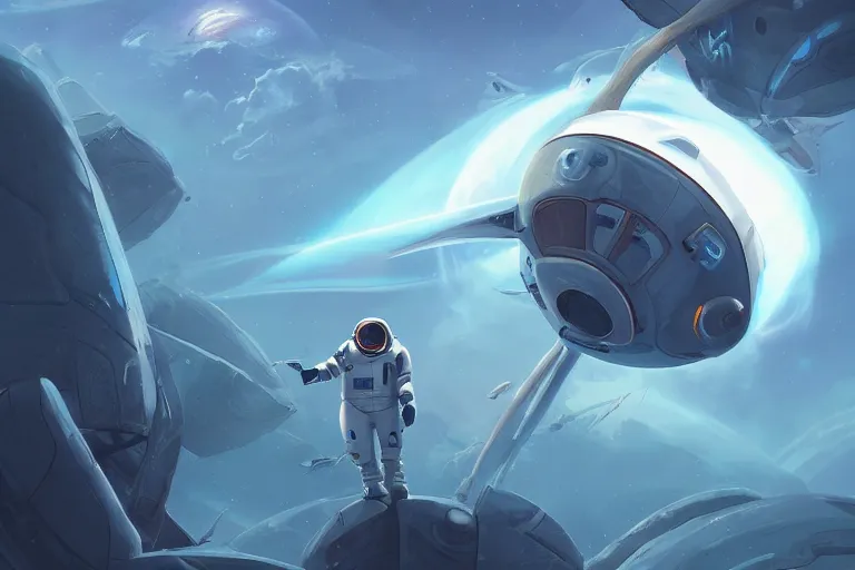 Prompt: futuristic astronaut flies in space opposite a star by Tyler Edlin and Noah Bradley and Jim Burns award winning atmospheric epic and stunning