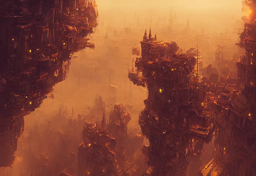 Image similar to flying steampunk city in the clouds with ceppelins by alena aenami, digital art, 4 k, trending on artstation, impressive, epic composition, highly detailed, golden hour