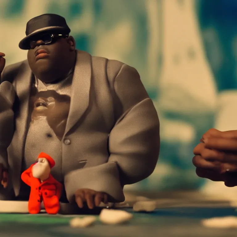 Image similar to a cinematic film still of a claymation stop motion film starring biggie smalls, shallow depth of field, 8 0 mm, f 1. 8