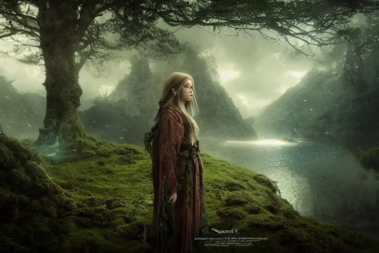 Image similar to an ultra realistic, cinematic, fantasy, headshot portrait, of an elden ring elf, fairy lights, facial features, background of a vast serene landscape, with trees and waterfalls, detailed, deep focus, movie still, dramatic lighting, ray tracing, by michal karcz and yoshitaka amano