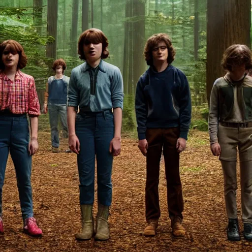 Prompt: Stranger Things cast dancing in a forest, 8k UHD, high quality, studio photo,