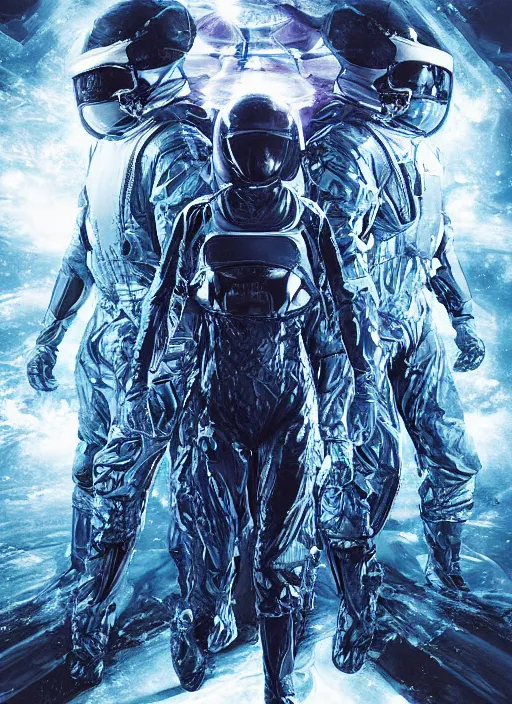 Image similar to astronauts in the dark infinite underwater void - complex and hyperdetailed technical suit, fabric material. reflection and dispersion materials. rays and dispersion of light. volumetric light. wide angle, f / 3 2. noise film photo. flash photography. ultra realistic, wide angle. poster by wayne barlowe, hajime sorayama aaron horkey, craig mullins