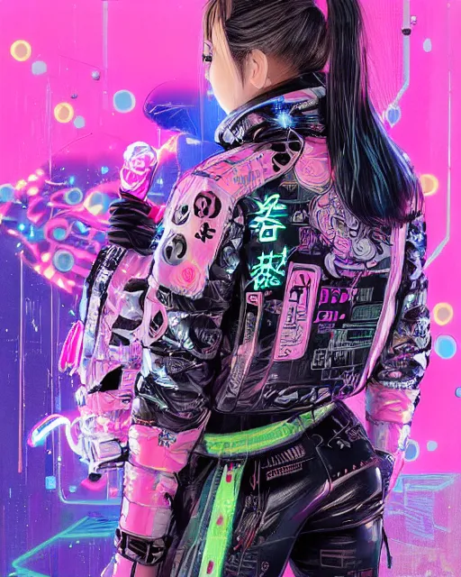 Image similar to detailed portrait Neon Operator Girl, cyberpunk futuristic neon, reflective puffer jacket, black leggings, decorated with traditional Japanese ornaments by Ismail inceoglu dragan bibin hans thoma !dream detailed portrait Neon Operator Girl, cyberpunk futuristic neon, reflective puffy coat, decorated with traditional Japanese ornaments by Ismail inceoglu dragan bibin hans thoma greg rutkowski Alexandros Pyromallis Nekro Rene Maritte Illustrated, Perfect face, fine details, realistic shaded, fine-face, pretty face