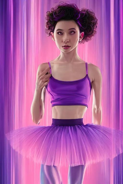 Prompt: a award winning half body portrait of a beautiful ballerina in a crop top and tutu with ombre purple pink teal hairstyle and hands in pockets by ari liloan, surrounded by whirling illuminated lines, outrun, vaporware, smooth, focus, shaded flat illustration, digital art, trending on artstation, highly detailed, fine detail, intricate