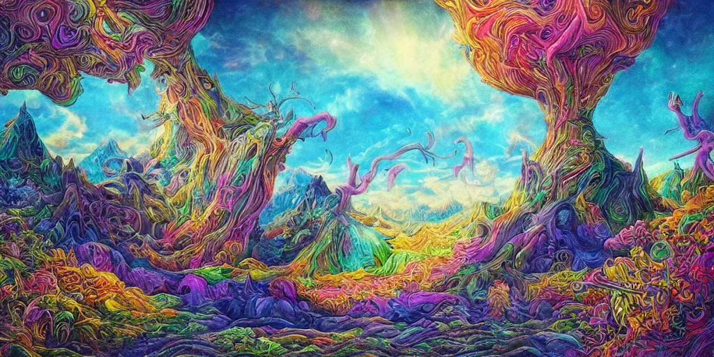 Image similar to beautiful bizarre surrealistic psychedelic fantasy landscape far view