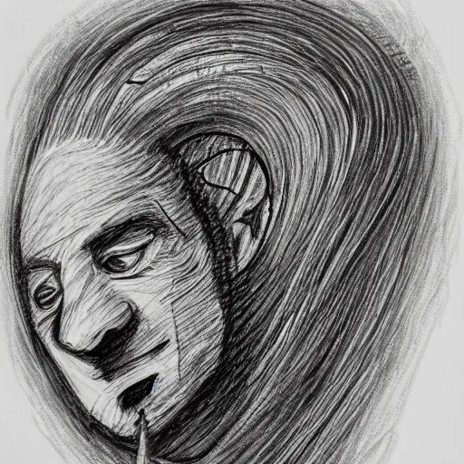 Image similar to highly detailed pencil sketch of a person's head cracking open on the top, lots of long strings grow out of it. the person seems happy