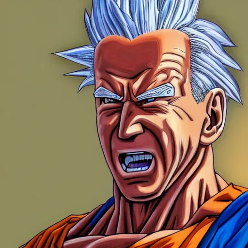 Image similar to ultra realistic portrait painting of joe biden as super saiyan goku, art by akira toriyama, 4 k, dragon ball artstyle, cel shaded, highly detailed, epic lighting