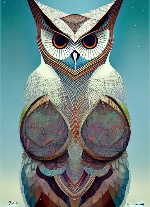 Image similar to portrait of a geometric owl, identical eyes, medium shot, illustration, full body made of white feathers, symmetrical, art stand, super detailed, cinematic lighting, and its detailed and intricate, gorgeous, by peter mohrbacher