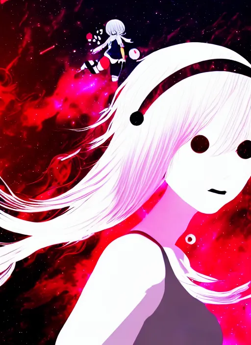 Prompt: Art collage of a hopeful pretty astronaut lady with a wavy blonde hair, 4k resolution, nier:automata inspired, bravely default inspired, vibrant but dreary but upflifting red, black and white color scheme!!! ((Space nebula background))