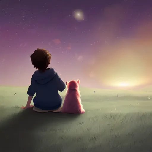 Prompt: a kid and a dog staring at the stars, digital art, artstation, 4k