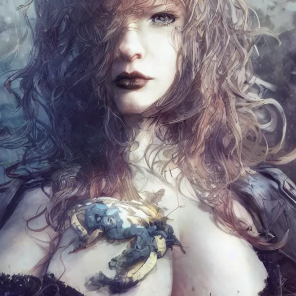 Image similar to christina hendricks!!! goth, tankoban, 4 k, tone mapping, akihiko yoshida, james jean andrei riabovitchev marc simonetti, yoshitaka amano, long hair, curly, h. hydrochaeri